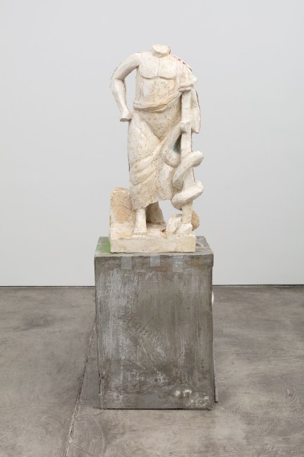 Justin Matherly Untitled (Fear, Anxiety and Joy), 2016 Modified gypsum, spray paint, acrylic paint, concrete, ambulatory equipment figure: 38 1/2 x 19 x 16 in. (97.8 x 48.3 x 40.6 cm); base: 30 1/4 x 23 1/2 x 23 1/4 in. (76.8 x 59.7 x 59.1 cm); sculpture: 68 3/4 x 42 1/2 x 39 1/4 in. (174.6 x 108 x 99.7 cm)