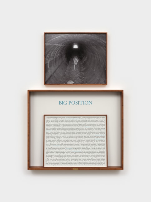 Sophie Calle, On the Hunt, Women Seeking Men 1940–1950 (Big Position), 2024, one text panel and two photographs (color, black and white) in a double-sided frame. © 2025 Sophie Calle / Artists Rights Society (ARS), New York / ADAGP, Paris. Photo: Steven Probert