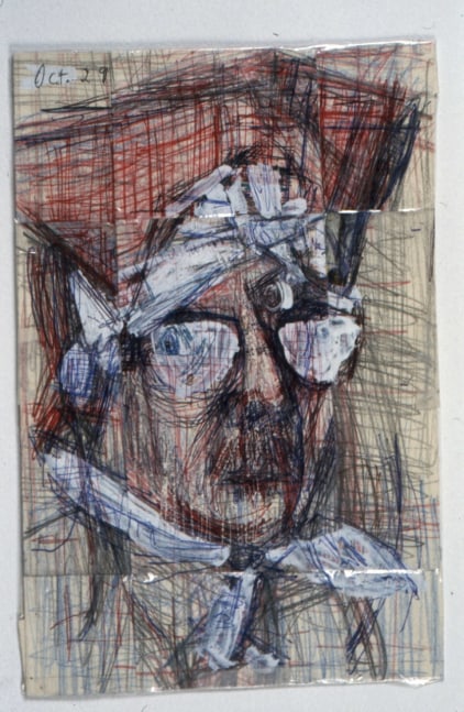 Michael Hurson "Self-portrait" 2001 Graphite, Conte crayon, White-out on paper / collage, laminated with Scotch tape 10 x 7 in.