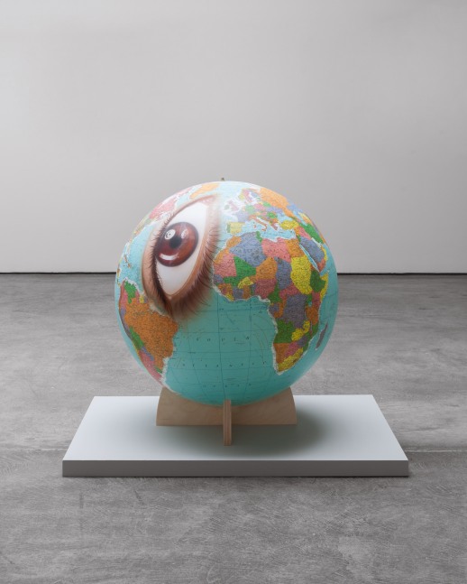 Sam Durant "...the great game of hide and seek has succeeded, it is them because, on that day, the weather is most certainly too blindingly bright and beautiful to see clearly therein", 2014 globe, acrylic (painting Steve Nunez) 32 in. diameter (81.3 cm diameter)