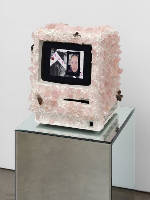 Ja'Tovia Gary Nice Nasty, 2024 Macintosh M0001 computer monitor, rose quartz, smoky quartz, clear quartz crystals, digital video, stereo sound computer monitor: 13 5/8 x 9 5/8 x 10 7/8 in. (34.6 x 24.4 x 27.6 cm)