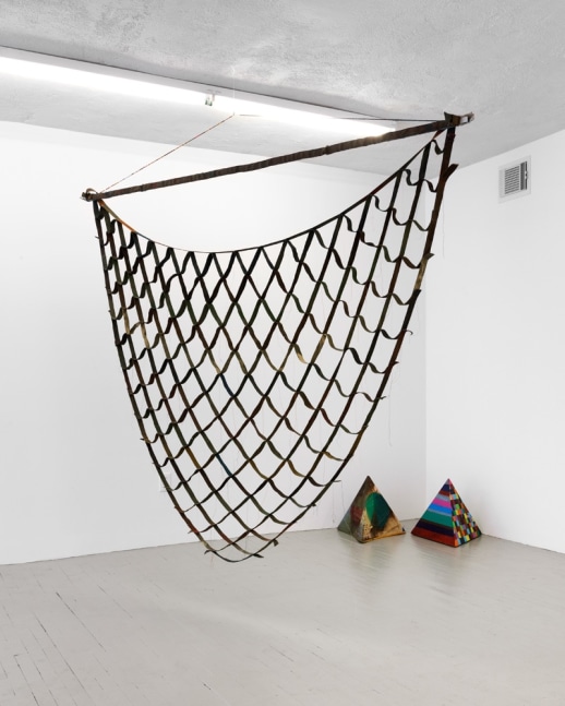 Alan Shields "Singing Toy Car" 1975 Acrylic paint, cotton belting, cotton thread, bearss, wire 79 x 97 x 1 1/4 in.