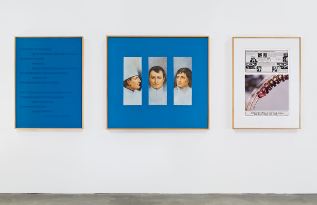 Douglas Huebler Variable Piece #70: 1971 (In Process) Global, Crocodile Tears: The Signature Artist (Napoleon), 1990 oil and acrylic on canvas, text, photograph, silkscreen on plexiglas left panel, silkscreen: 40 5/8 x 30 1/2 x 1 1/2 in. (103.2 x 77.5 x 3.8 cm), middle panel, painting: 41 1/2 x 45 1/4 x 1 1/2 in. (105.4 x 114.9  x 3.8 cm), right panel, text & photo: 41 x 30 7/8 x 1 1/2 in. (104.1 x 78.4 x 3.8 cm), overall: 41 1/2 x 112 3/4 in. (105.4 x 286.4 cm), signed and dated on text panel: "Douglas Huebler 1990"