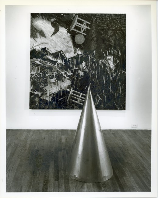 Jennifer Bartlett &quot;Locusts: Repetitions of a Young Captain&quot; 1989 Painting: oil on canvas 72&quot; x 72&quot; Sculpture: break formed and welded cold rolled steel and painted wood Cone: 42&quot; x 23&quot; diameter Table: 8 1/8&quot; x 7 3/4&quot; x 6 3/4&quot;