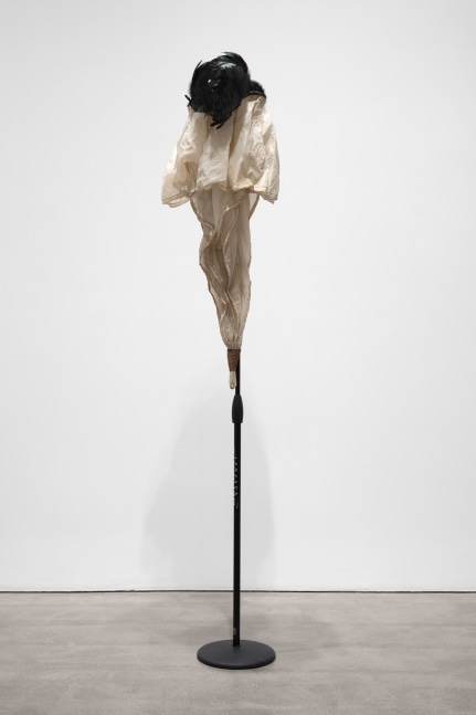 Terry Adkins, Barchiel, 2012, microphone stand, parachute, and dyed feathers 70 x 17 1/2 x 15 in. (177.8 x 44.5 x 38.1 cm)