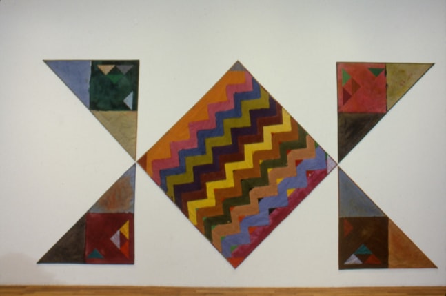 Alan Shields &quot;Double Reed Stand&quot; 1983-84 Acrylic, thread, beads on five canvases 101&quot; x 174&quot;