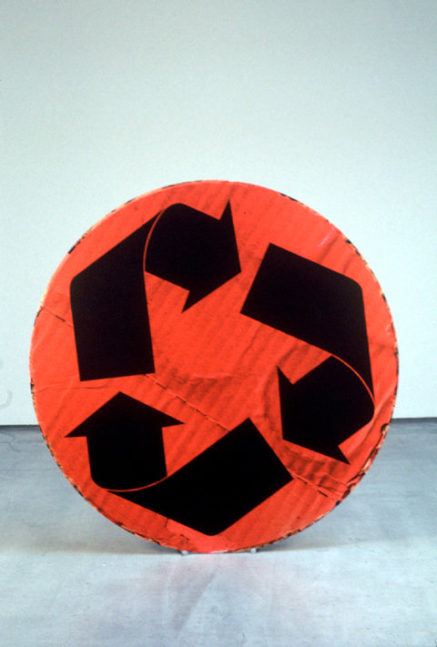 Kelley Walker "Untitled" 2003 Laser cut steel, digital image (scanned cardboard) with aluminum stand 57 1/2 in. diameter