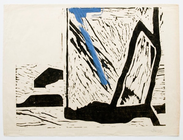 Donald Judd "Untitled" 1955-56 Woodcut in black and blue paper on Japanese wove paper 17 1/2 x 23 3/4 in.