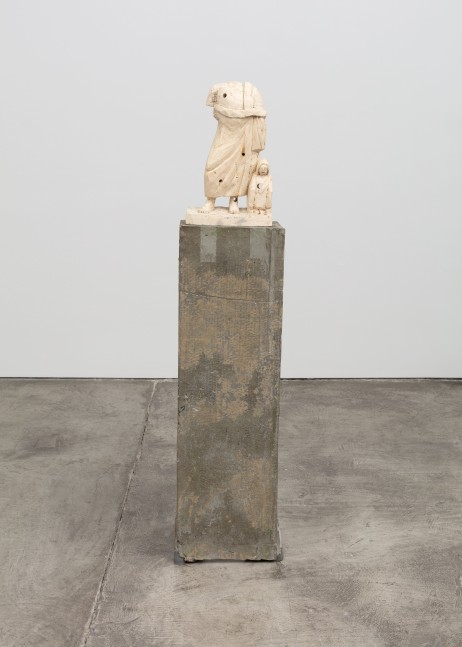 Justin Matherly Untitled (Fear, Anxiety and Joy), 2016 Modified gypsum, acrylic paint, aluminum powder, concrete, ambulatory equipment figure: 16 1/2 x 10 1/4 x 5 in. (41.9 x 26 x 12.7 cm); base: 41 3/4 x 13 1/2 x 13 in. (106 x 34.3 x 33 cm); sculpture: 58 1/4 x 23 3/4 x 18 in. (148 x 60.3 x 45.7 cm)