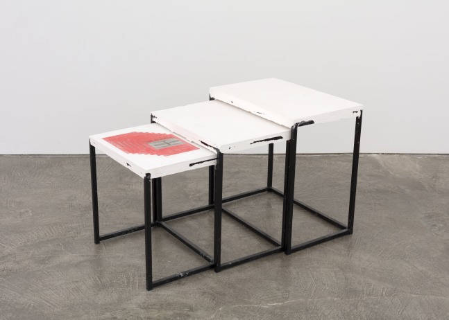 Matias Faldbakken Nesting Tables (The Errand), 2016 nesting tables, synthetic plaster, steel wire, Lascaux UV-glue, 7 prints on newsprint 23 3/8 x 23 5/8 x 39 3/8 in. (59.4 x 60 x 100 cm)