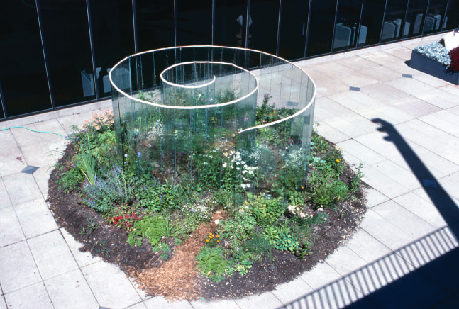 Meg Webster Glass Spiral, 1990 standing glass plates, water, plants, soil dimensions variable Installation view: Milwaukee Art Museum, Milwaukee, WI, 1990