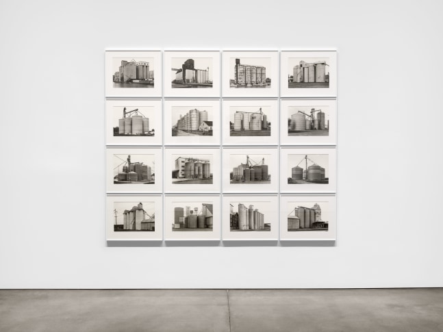 Installation view of Grain Elevators (1977-91) in Bernd and Hilla Becher, Paula Cooper Gallery, New York, February 24 – March 30, 2024. © Estate Bernd and Hilla Becher, represented by Max Becher, courtesy Die Photographische Sammlung/SK Stiftung Kultur – Bernd and Hilla Becher Archive, Cologne. Courtesy Paula Cooper Gallery, New York. Photo: Steven Probert