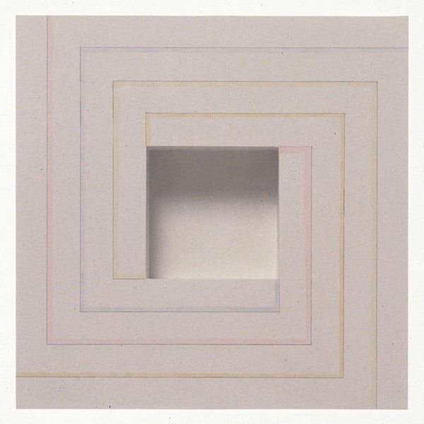 Jackie Winsor "Inset Wall Piece White Four Color Four Wide Lined Spiral" 1995 Plaster and watercolor 18 x 18 x 4 1/2 in.