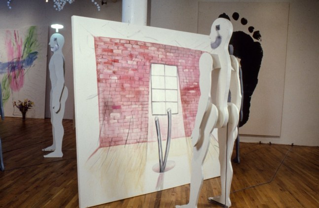 Jonathan Borofsky &quot;Split Wire Dream with Chattering Man at 2,841,784&quot; 1978-83 Acrylic on canvas  80 1/4&quot; x 99&quot; Man: aluminum, wood, primer, Bondo, electric motor, speaker 82 1/2&quot; x 23&quot; x 13&quot;