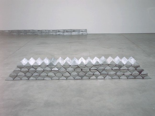 Carl Andre "Albarada" 2002 121 aluminum ingots 1'6" x 11'7" x 1'5 3/4" overall