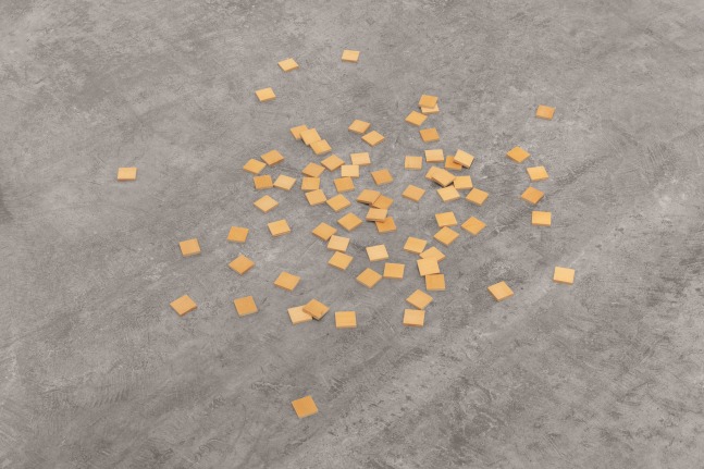 Carl Andre 75 Small Wood Square Scatter, 2009, 75 wood tiles each: 1/4 x 1 5/16 x 1 5/16 in. (.6 x 3.3 x 3.3 cm) overall dimensions variable