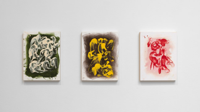 Installation view of paintings by Julian Lethbridge at Paula Cooper Gallery