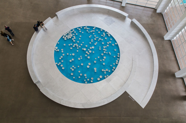 Céleste Boursier-Mougenot  clinamen v.2, 2015  PVC liner, water pump, heating device, porcelain bowls Installation view, Pompidou Metz, 2015.