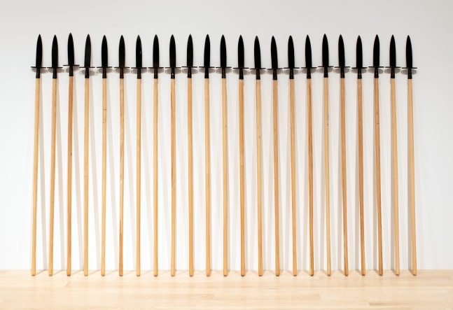 Terry Adkins Spears with 3 Prints (detail), 2010 23 metal and wood spears, replicas, 3 framed black-and-white prints dimensions variable