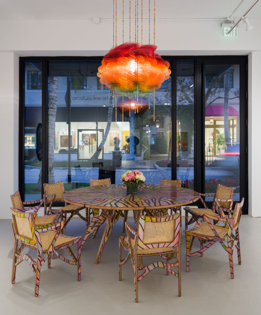 Jorge Pardo Udo's Table & Chairs, 2022 plywood with Tornillo veneer, wicker, acrylic paint and lacquer