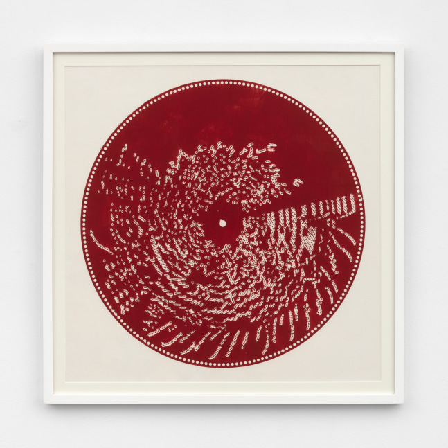 Terry Adkins
Untitled (Disk Print, Red), 2001
ink on paper made with metal music box disc
paper: 30 x 30 in. (76.2 x 76.2 cm)
frame: 33 1/4 x 33 1/4 x 1 in. (84.5 x 84.5 x 2.5 cm)