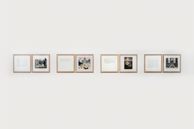 Sophie Calle "B.C.W" 1998 4 diptychs containing 2 gelatin silver prints, 2 color prints & 4 text panels 26 1/2 x 26 1/2 each