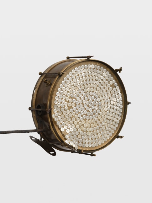 Terry Adkins Sermonesque (detail), 2003 Metal and drum with buttons 84 x 17 x 30 in. (213.4 x 43.2 x 76.2 cm)
