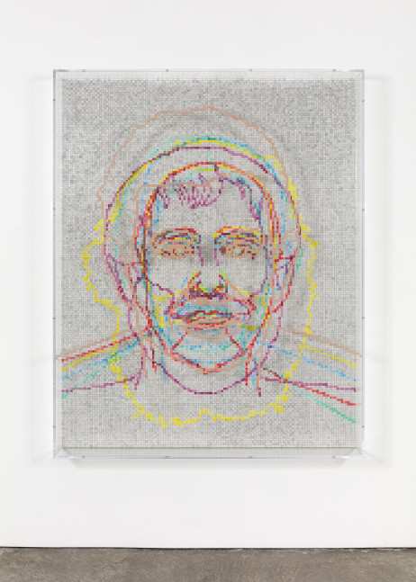 Charles Gaines Faces 1: Identity Politics, #6, Jacques Lacan, 2018 acrylic sheet, acrylic paint, lacquer, wood 74 x 59 1/8 x 5 3/4 in. (188 x 150.2 x 14.6 cm)