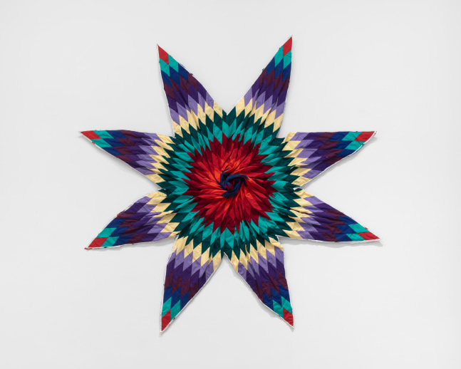 Sanford Biggers, Burst, 2021, mixed textiles and acrylic, 64 x 64 x 3 in. (162.6 x 162.6 x 7.6 cm)