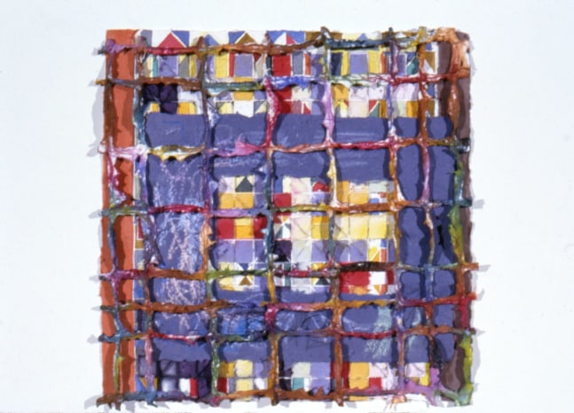 Alan Shields &quot;Chariot Chase&quot; 1986-87 Watercolor, thread, oil pastel, relief on handmade paper 24 1/4&quot; x 24 1/4&quot;