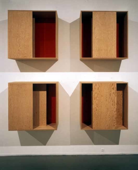 Donald Judd &quot;Untitled&quot; 1987 Plywood with red plexiglass 118 x 98 1/2 x 19 3/4 in.