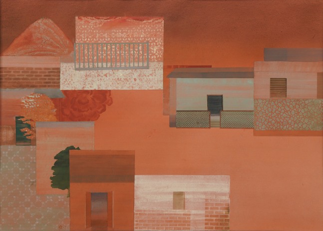 NILIMA SHEIKH, Blood on the road (5), 2021, Tempera on Sanganer paper, red, rose, natural colours, pastels, light grey, houses, trees