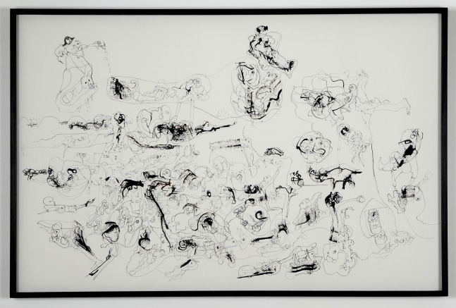 P.R. SATHEESH, Untitled (1), 2020, Indian ink on paper, drawing on paper, lines, wild, human figures, faces, gestural abstraction, black and white