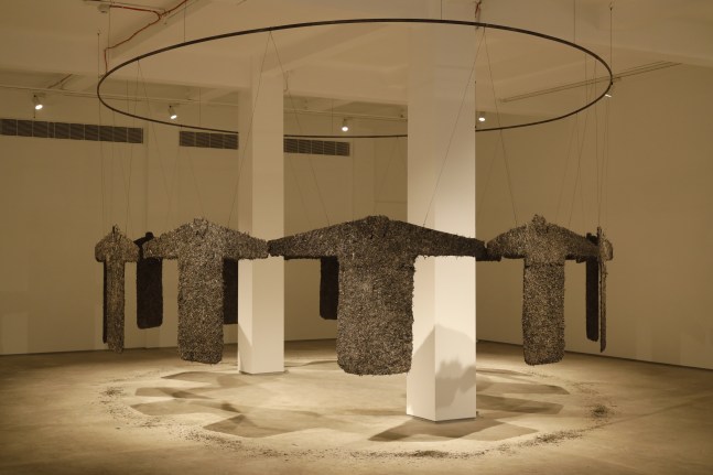 Indelible Black Marks, 2022&amp;ndash;24
Cotton cloth, thread, stubble-ash, and ash from wooden stoves at sites of farmer-protests
Installation height 9 feet, diameter 22 feet