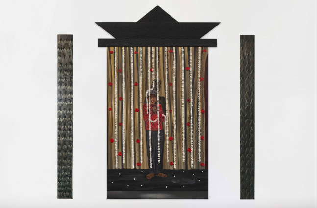 Ceremonial Speech III, 2024-25

Acrylic on linen | Acrylic and carving on wood

Centre Panel: 90.1 x 55.1 inches / 229 x 140 cm

Side panels: 78.7 x 7.4 inches / 200 x 18.7 cm each