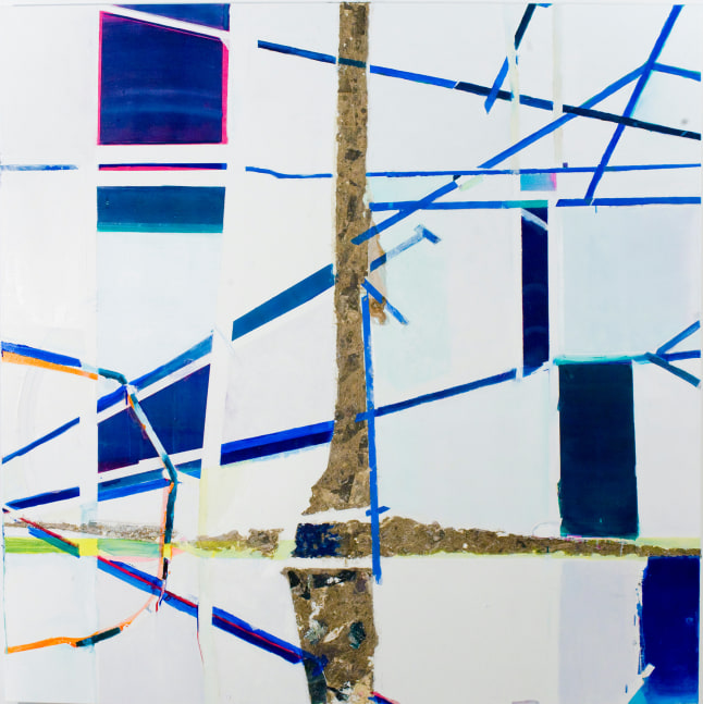 TANYA GOEL  Line I, 2010  Oil, newspaper, tape and acrylic on canvas