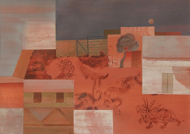 NILIMA SHEIKH, Blood on the road (4), 2021, Tempera on Sanganer paper, red, light grey tree, houses, pastel red, natural colours, red beast, fire, blood