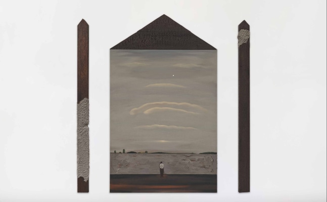 Man near the Wall, 2025

Acrylic, paper mache and casting powder on linen | Acrylic, casting powder and carving on wood

Centre Panel: 78.7 x 47.2 inches / 200 x 120 cm&amp;nbsp;

Side Panels: 75.5 x 4.7 inches / 192 x 12 cm each