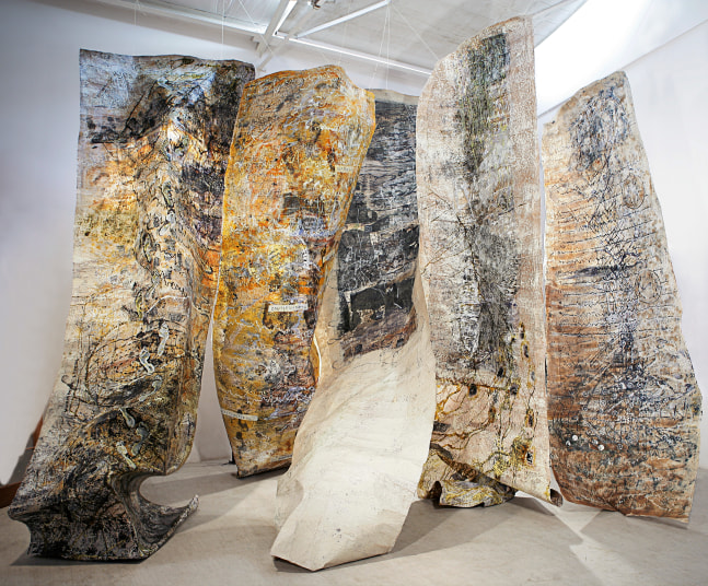 JAYSHREE CHAKRAVARTY,&amp;nbsp;Space Within, 2005, pigment, acrylic, enamel and sand on paper and fabric, 9 scrolls, 366 - 588 cm x 152 - 214 cm each. Installation dimension variable