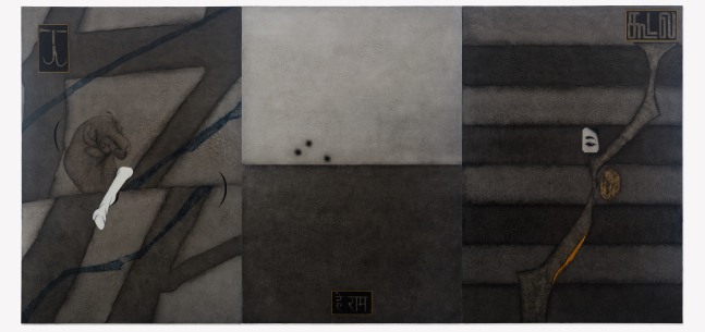 ATUL DODIYA, Koodal (triptych), 2016, oil, crackle paste and marble dust on canvas, 198 x 137 cm / 78 x 54 in (each panel) 198 x 411.4 cm / 78 x 162 in (overall size)