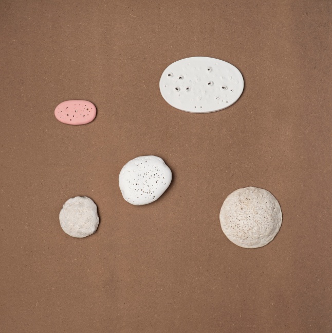 PS10, 2019-25 (cluster)
Modelling clay, acrylic, gesso x 2: 5.9 x 3.9 x 0.3 inches / 15 x 10 x 1 cm and
2.7 x 1.5 x 0.3 inches /  7 x 4 x 1 cm
Ceramic (glazed stoneware): 4.3 x 4.3 x 1.5 inches / 11 x 11 x 4 cm
Stone, gesso: 3.5 x 3.1 x 1.1 inches / 9 x 8 x 3 cm
Stone: 3.1 x 2.7 x 1.1 inches / 8 x 7 x 3 cm