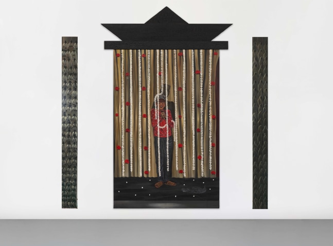 Ceremonial Speech III, 2024-25
Acrylic on linen | Acrylic and carving on wood
Centre Panel: 90.1 x 55.1 inches / 229 x 140 cm
Side panels: 78.7 x 7.4 inches / 200 x 18.7 cm each
