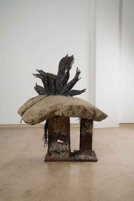 SAKSHI GUPTA, Exposed on the Cliffs of the Heart I, 2021, Rubble and metal scrap, found metal welded, concrete rubble, iron pedestal, industrial structure