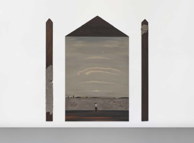 Man near the Wall, 2025
Acrylic, paper mache and casting powder on linen | Acrylic, casting powder and carving on wood
Centre Panel: 78.7 x 47.2 inches / 200 x 120 cm each
Side Panels: 75.5 x 4.7 inches / 192 x 12 cm each