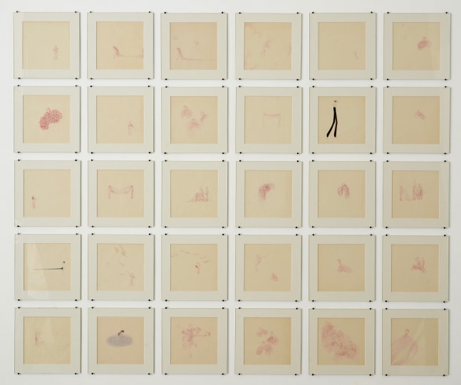 BUDDHADEV MUKHERJEE  Untitled (30 works), 2016, Chinese watercolour on Chinese rice paper, works in a grid, red lines, delicately drawn, human figures, nude figures, pastel, works on paper