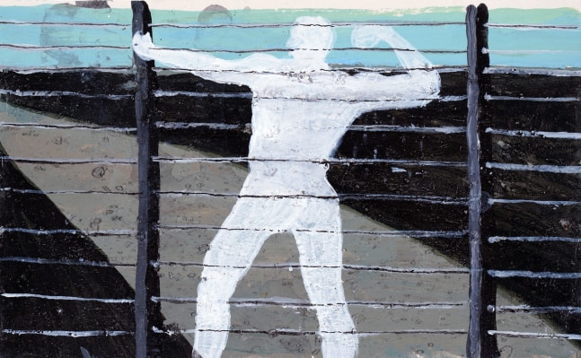 ABUL HISHAM  Ghost Breaking the Fence, 2020  Acrylic and sand on paper  5 x 8 in / 12.7 x 20.3 cm