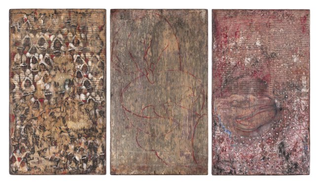 ARUN KS Untitled, 2012  Art powder colour, watercolour, pencil and ink on ply board primed with paper pulp and pages from the Bible