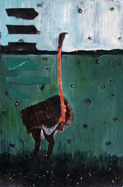 ABUL HISHAM  Karim searching for his Ostrich, 2020  Acrylic and sand on paper  12 x 8 in / 30.4 x 20.3 cm