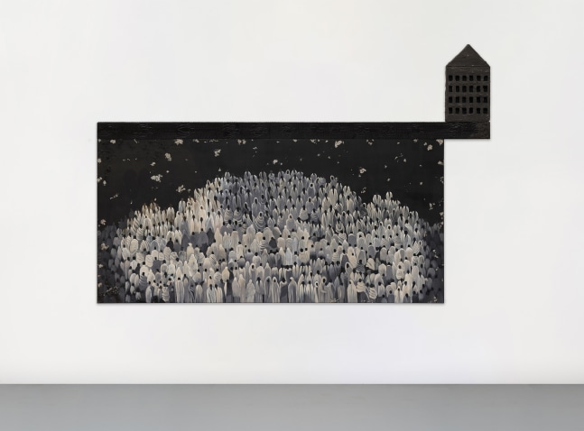 Gathering, 2025
Acrylic, casting powder and paper mache on linen | Carving on wood and polyurethane foam
Canvas: 37.4 x 78.7 inches / 95 x 200 cm
Wood panel: 3.5 x 88.5 inches / 8.8 x 225 cm
Foam: 16.9 x 9.8 inches / 43 x 25 cm