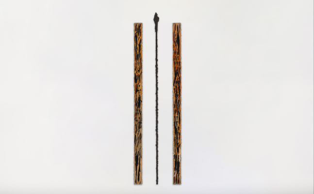 Rift, 2025

Acrylic, carving and casting powder on wood | Casting powder on iron

Wood panels: 74.8 x 3.5 inches / 190 x 8.8 cm each

Iron spear: 80 inches / 203 cm (height)